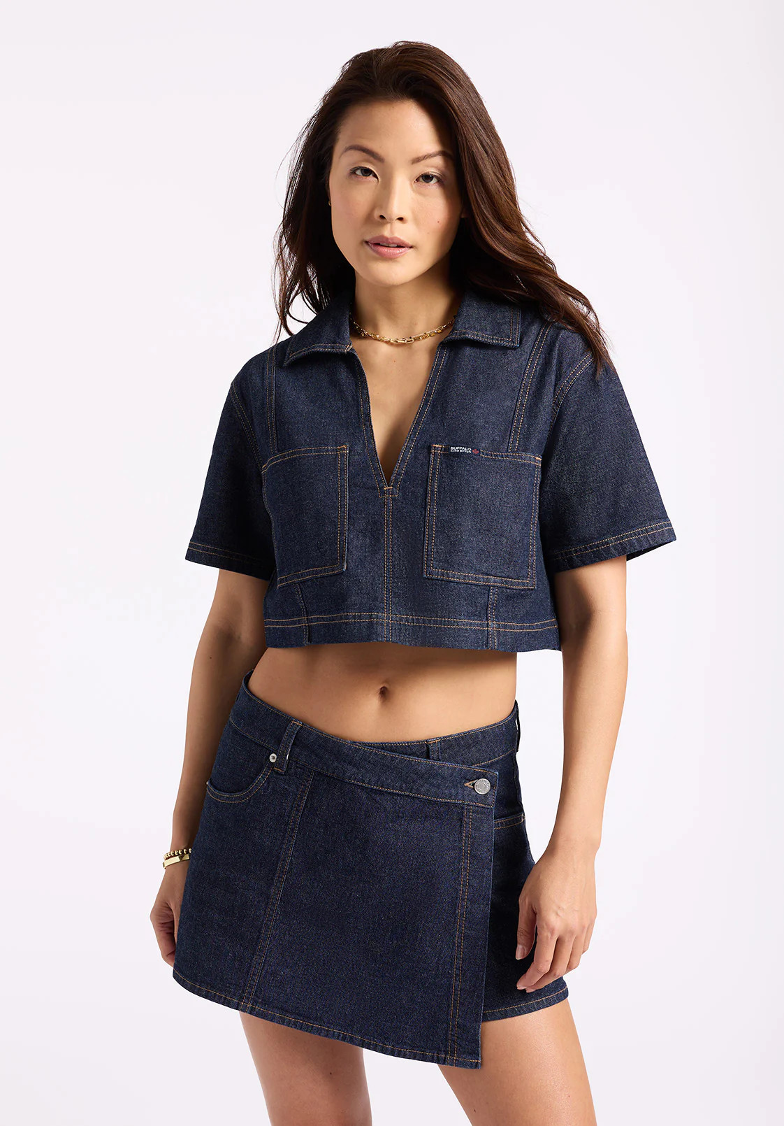 Selena Women's Denim Cropped Top with Patch Pockets, Indigo - BL16016 | Buffalo David Bitton