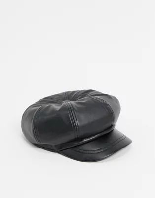 ASOS DESIGN slouchy PU newsboy cap in black | ASOS (Global)