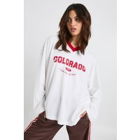 boohoo Women's Colorado Contrast Binding Long Sleeve Top in White | Size: 6 | Denim/Cotton | boohoo (US & Canada)