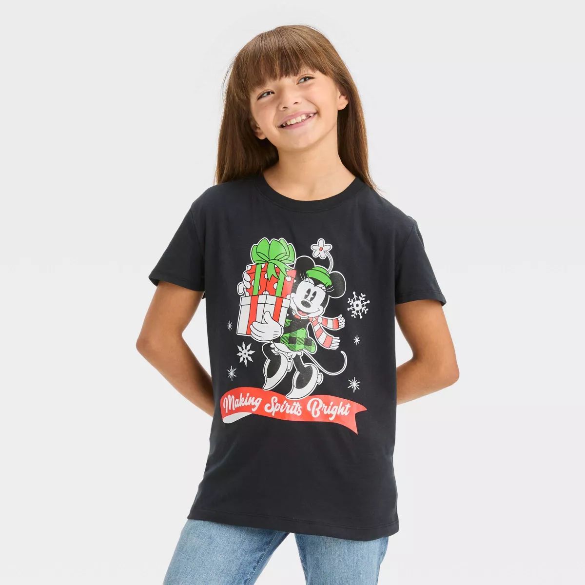 Girls' Disney Minnie Mouse 'Making Spirits Bright' Short Sleeve Graphic T-Shirt - Black | Target