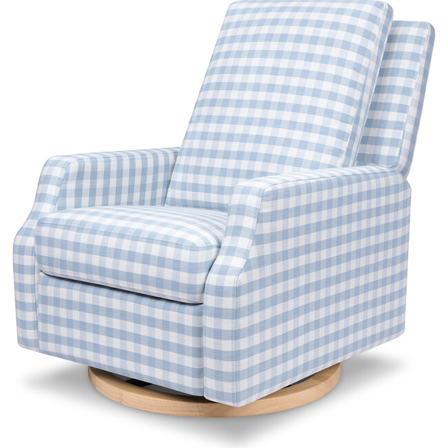 Namesake | Crewe Recliner & Swivel Glider, Blue Gingham Light Wood | Maisonette | Maisonette