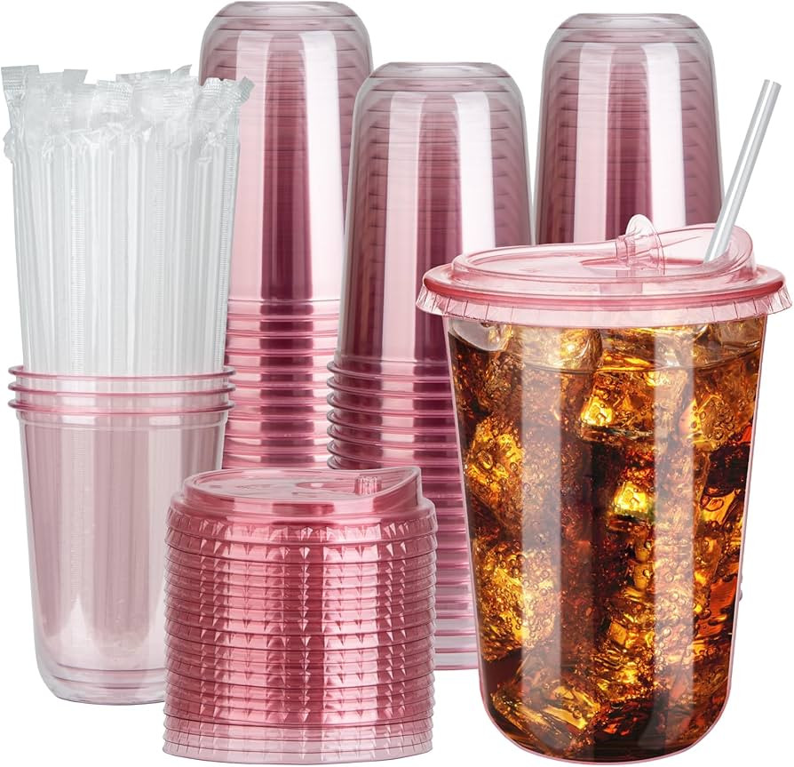 100 Sets 16oz Disposable Stemless Plastic Cups with Strawless Sip Lids, Clear PET Coffee Cups for... | Amazon (US)