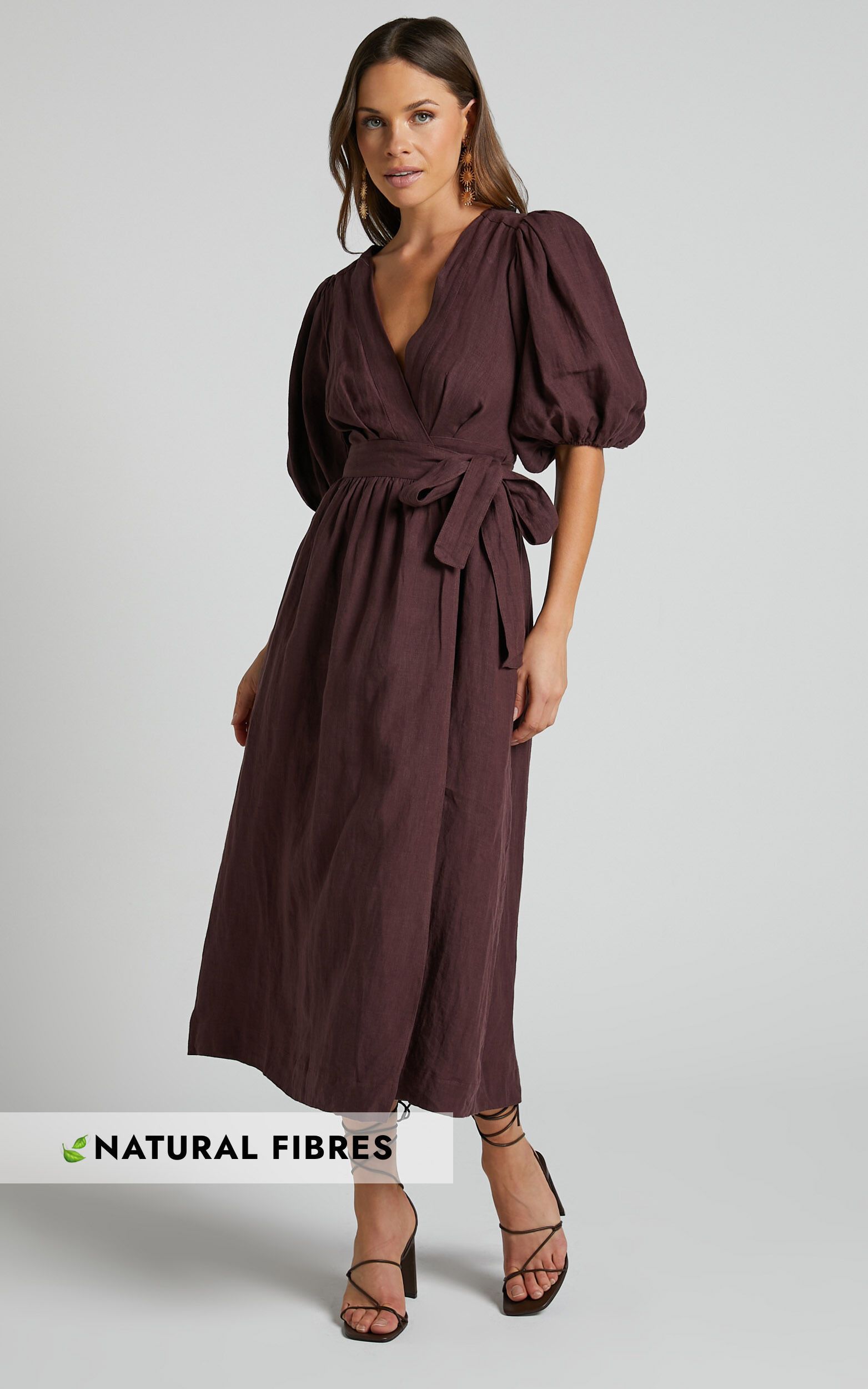 Amalie The Label - Franc Linen Puff Sleeve Wrap Midi Dress in Dark Plum | Showpo (US, UK & Europe)