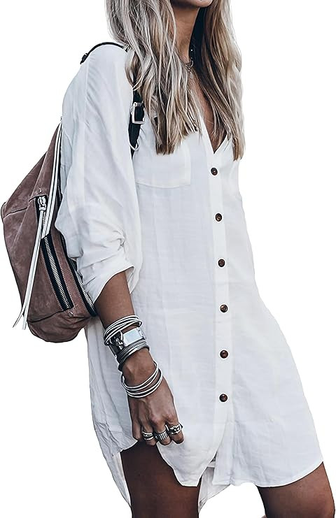 Women's Swimsuit Cover Up Summer Beachwear Button Down Shirt Bikini Bathing Suit Beach Coverup Mi... | Amazon (US)