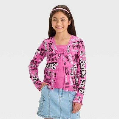 Girls' Barbie Logo Cardigan Shirt Set - Pink | Target