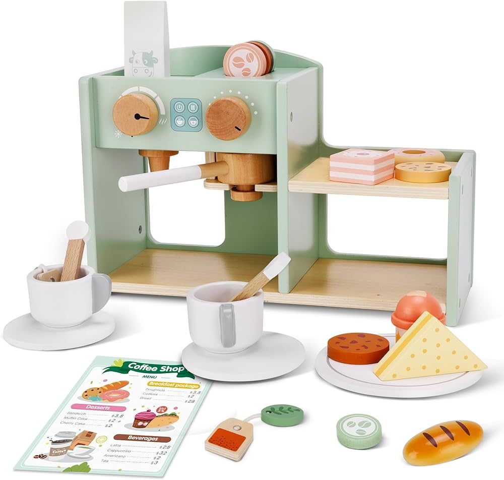 2-in-1 Wooden Coffee Sales Desk Playset, Coffee Maker Set - 24 PCS Bread, Desserts, Coffee Making... | Amazon (US)