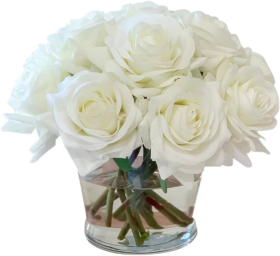 Real Touch Rose Arrangement Artificial Home Decor Flower in Round Glass Vase (White) | Amazon (US)