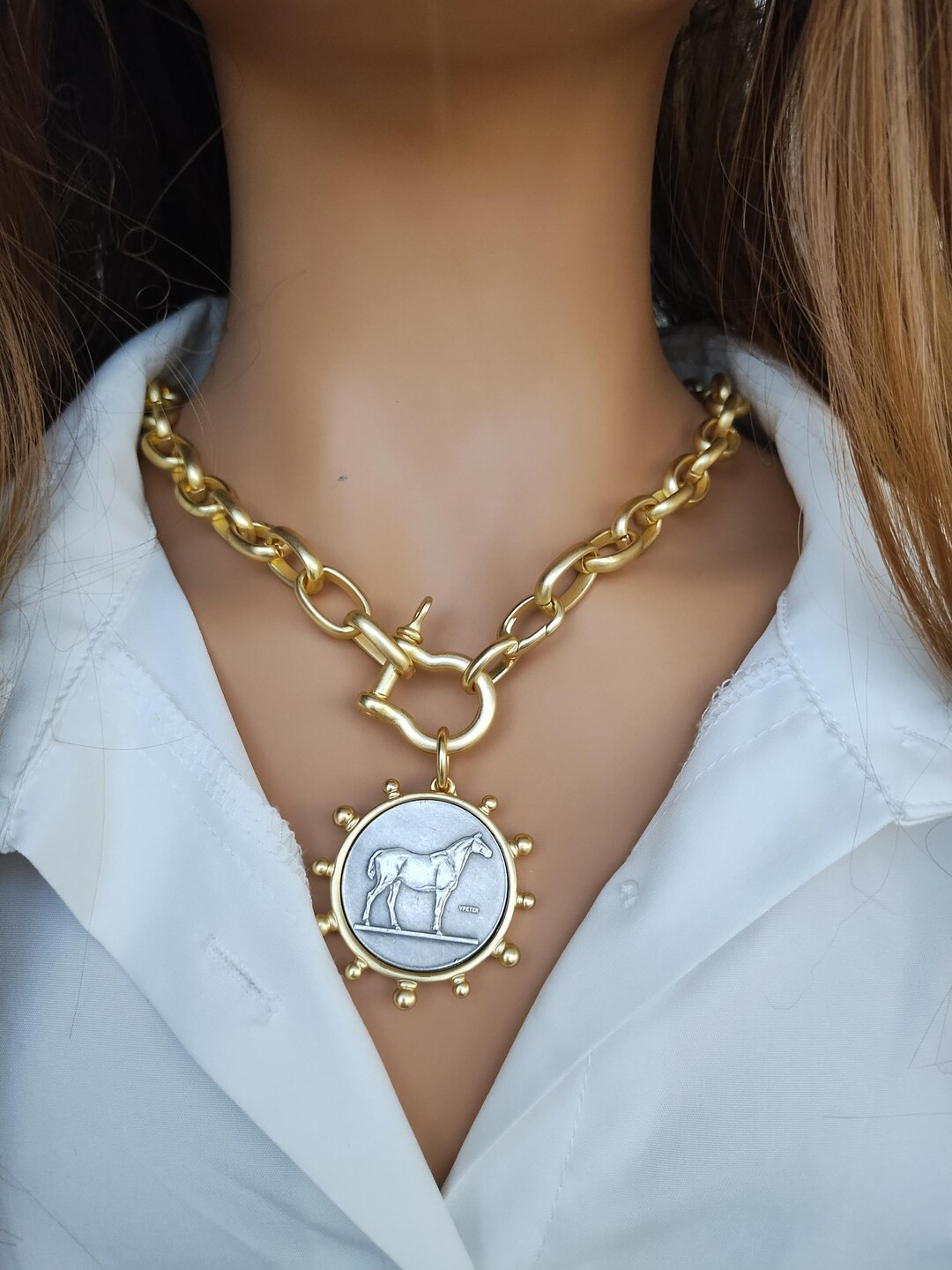 Gold Horse Necklace, Horse Stamped Coin, Equestrian Necklace, Horse Gift, Large Front Clasp, Gold... | Etsy (US)