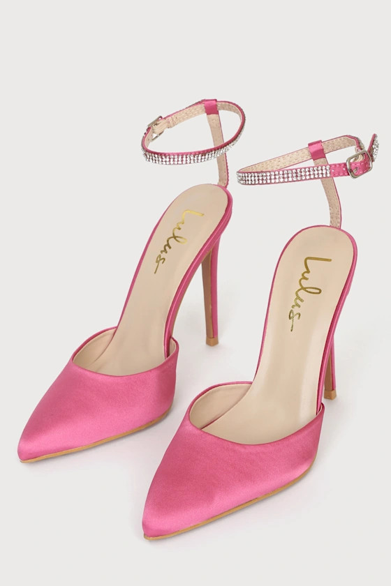 Luciee Pink Satin Rhinestone Ankle Strap Heels | Lulus (US)