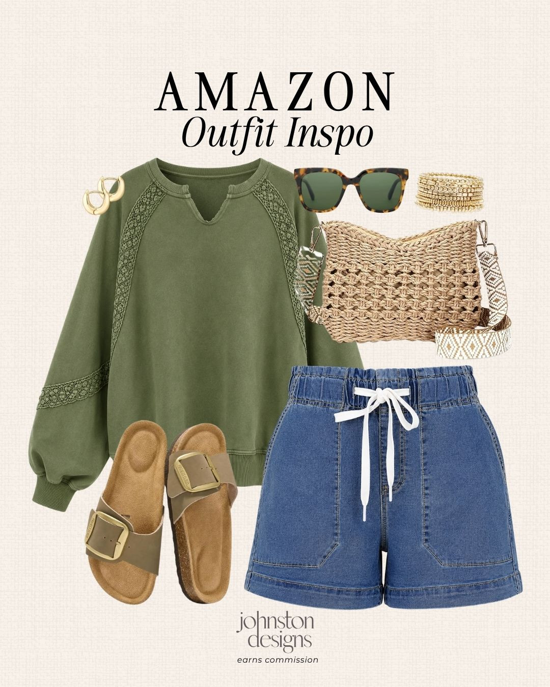Amazon outfit inspo with easy summer to early fall pieces. Love this olive pullover with denim shorts, woven accessories and comfy sandals for an effortless casual look. ✨

Amazon outfit inspo, Amazon fashion, summer to fall outfit, early fall outfit, casual outfit idea, olive pullover, denim shorts, woven bag, Amazon sandals, everyday outfit, transitional outfit, casual Amazon finds, fall outfit inspo, summer outfit idea, neutral accessories, comfy outfit, Amazon style finds, weekend outfit, affordable fashion finds 

 #LTKootd #LTKSeasonal