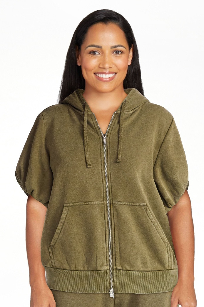 Scoop Women’s Mineral Washed Zip Hoodie with Short Puff Sleeves, Sizes XS-XXL | Walmart (US)