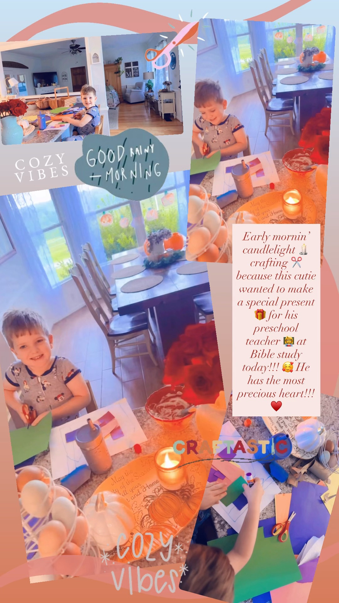 Early mornin’ candlelight 🕯️ crafting ✂️ because this cutie wanted to make a special present 🎁 for his preschool teacher 👩‍🏫 at Bible study today!!! 🥰 He has the most precious heart!!! ♥️