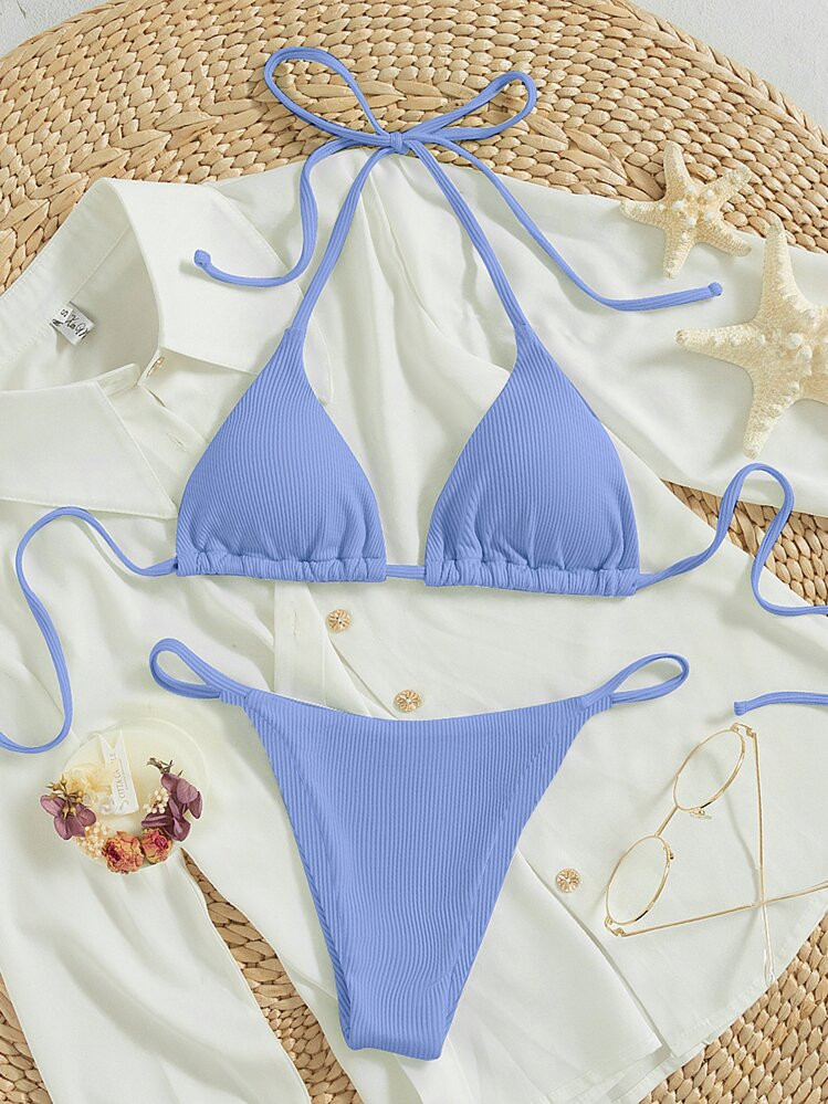 SHEIN Swim Summer Beach Ribbed Bikini Set Tie Back Halter Triangle Bra & Thong 2 Piece Bathing Su... | SHEIN