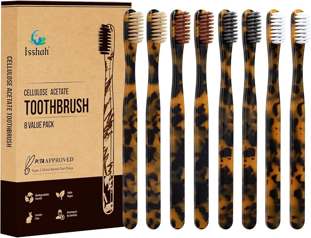 Isshah Plant-Based Cellulose Acetate Toothbrushes - 8 Pack - Tortoise | Amazon (US)