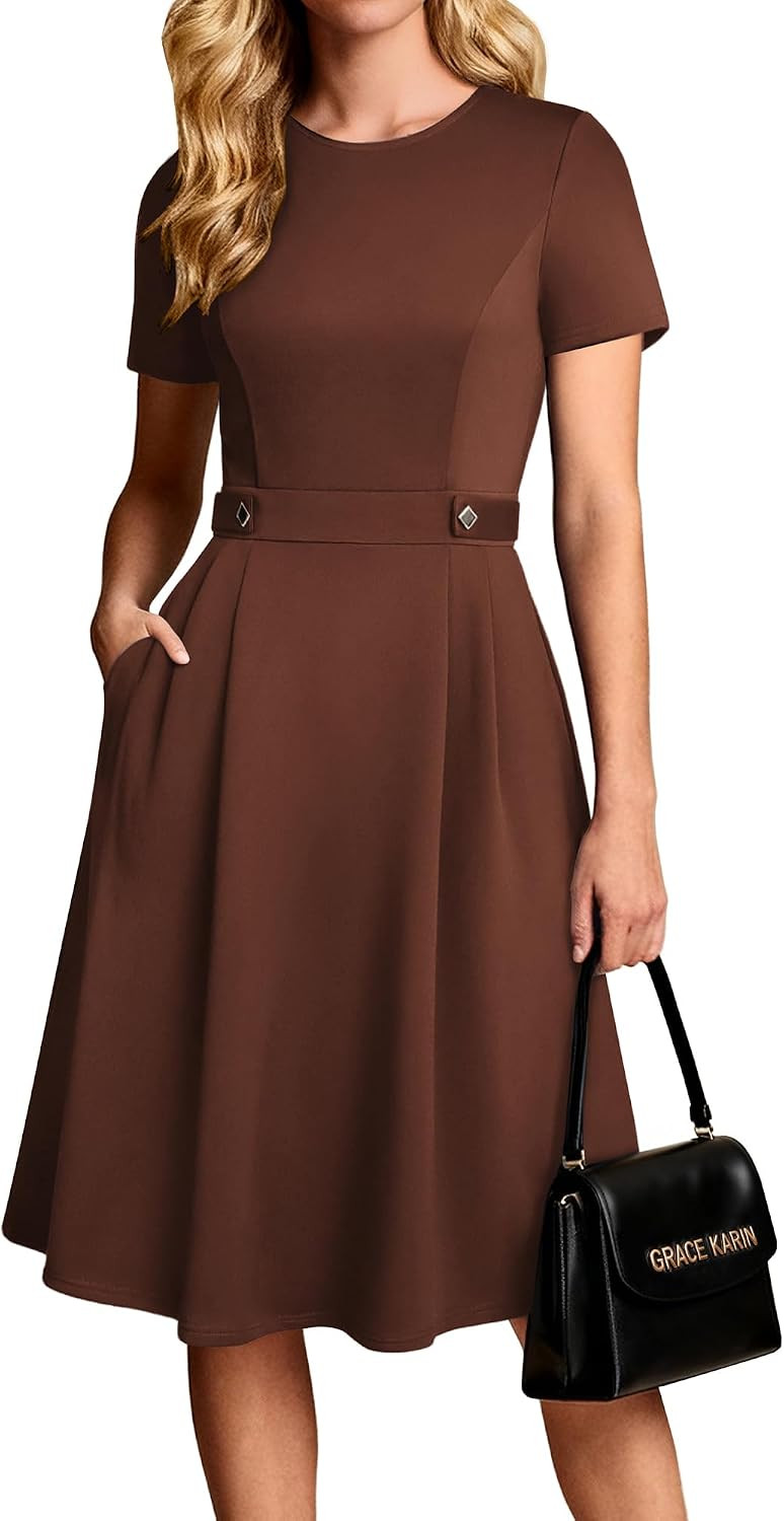 GRACE KARIN Women's 2026 Short Sleeve Church Work Midi Dresses with Pockets | Amazon (US)