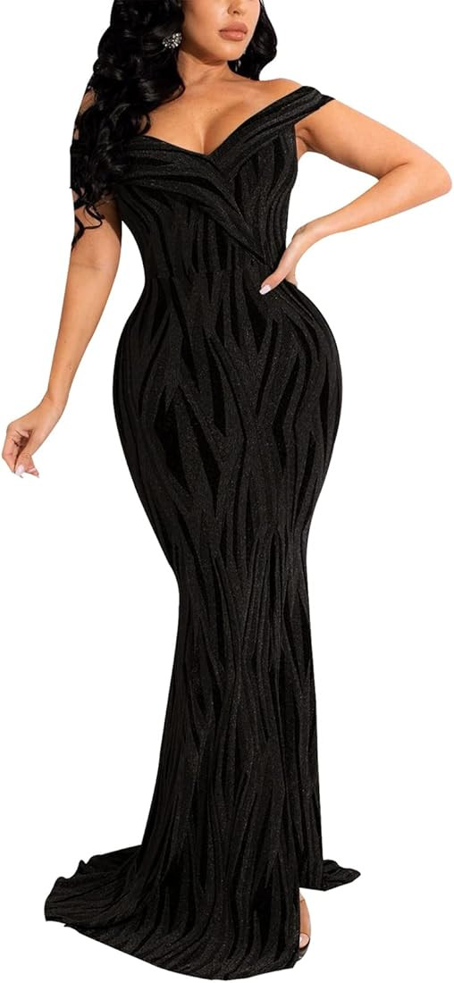 Women's Sexy V-Neck Off The Shoulder Bodycon Party Cocktail Maxi Dress Stripe Mermaid Evening Gow... | Amazon (US)