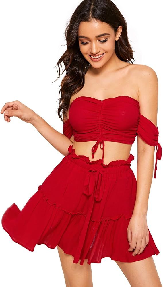 Floerns Women's Two Piece Outfit Off Shoulder Drawstring Crop Top and Skirt Set | Amazon (US)