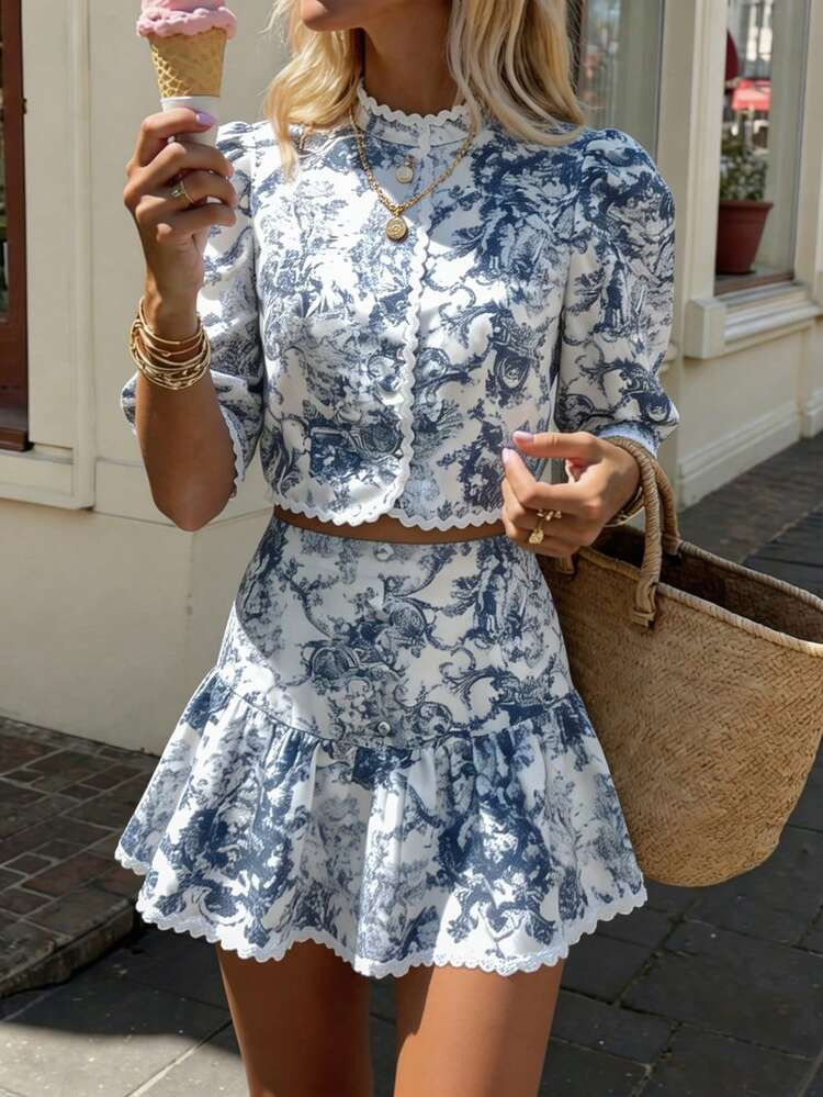 Pariaura Vacation Casual All-Over Print Puff Sleeve Shirt & Mini Skirt Set | SHEIN