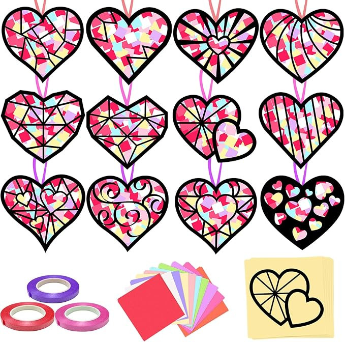 KOPOOEOE 48 Sets Valentines Day Suncatchers Craft DIY Heart Tissue Paper Crafts Kits Valentine He... | Amazon (US)