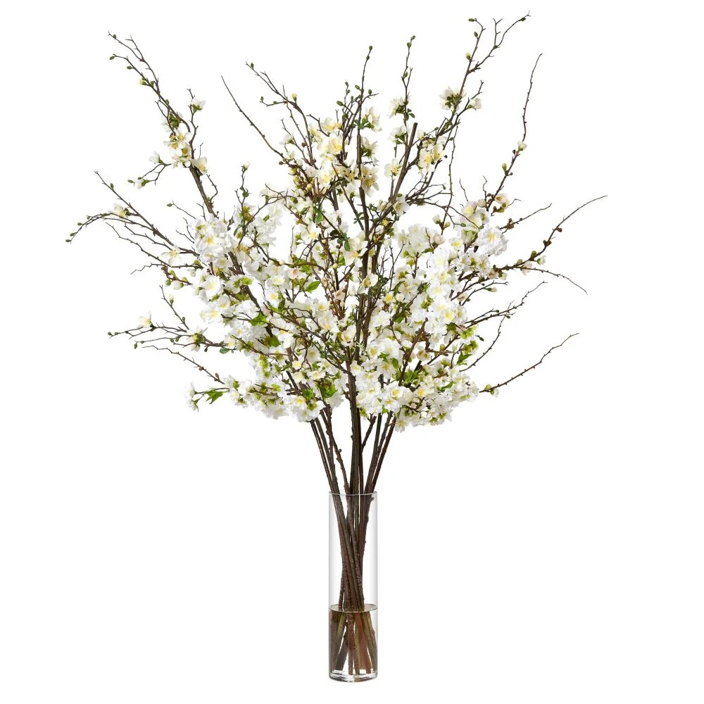Cherry and Quince Branches in Tall Glass Vase | Diane James Home