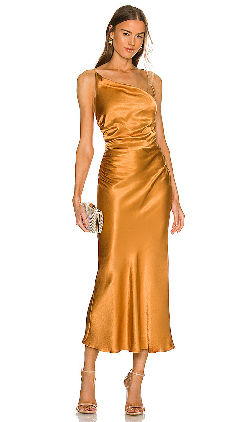 Alma Asymmetrical Bias Cowl Midi Dress in Turmeric | Revolve Clothing (Global)