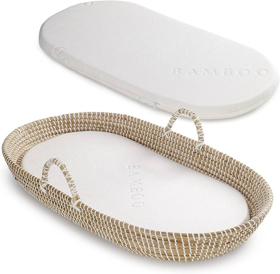 Baby Changing Basket with Pad - Seagrass Handwoven Moses Changing Basket for Babies with Waterpro... | Amazon (US)