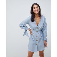 ASOS DESIGN button through mini skater dress with tie sleeves in chambray - Blue | ASOS CH