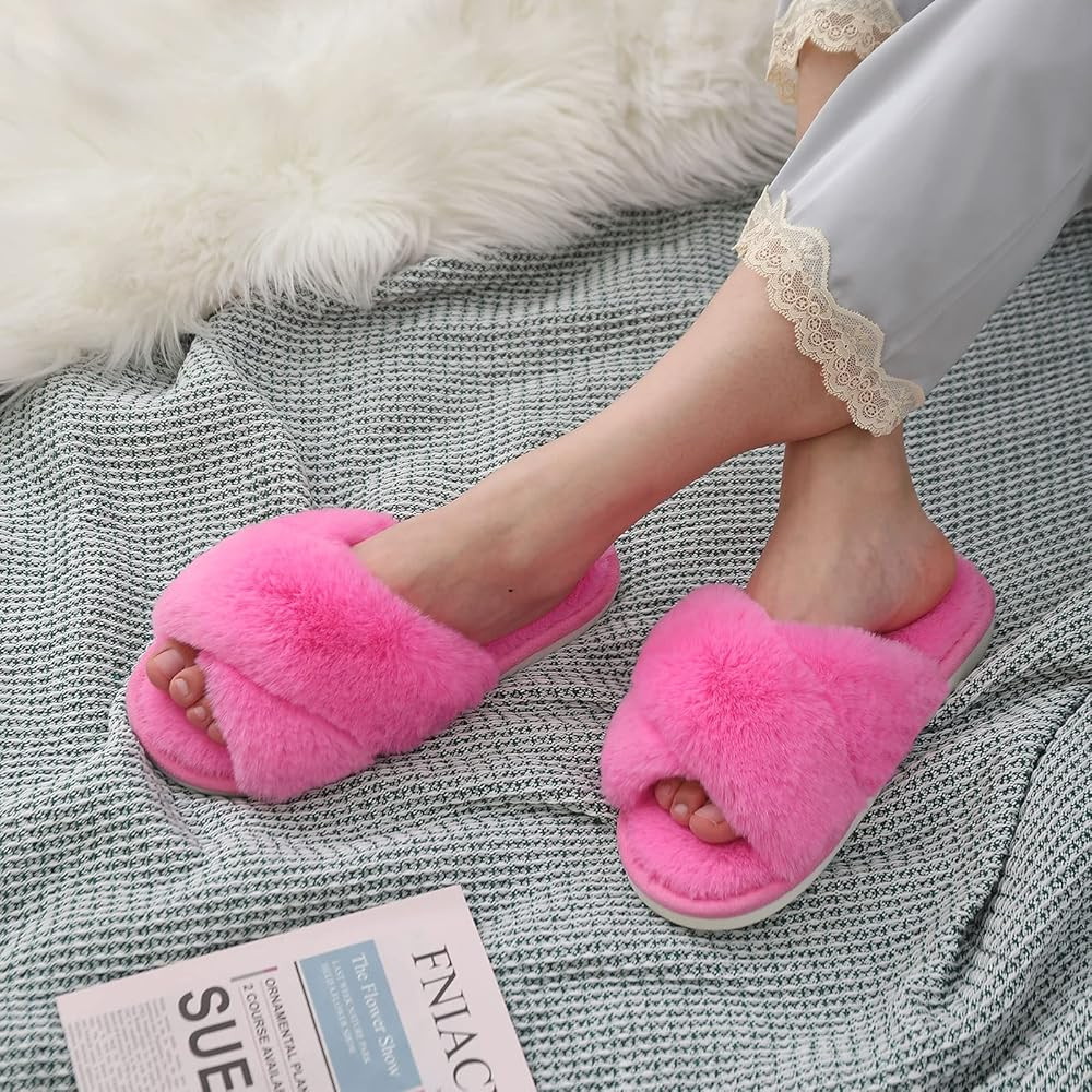 Evshine Women's Fuzzy Slippers Cross Band Memory Foam House Slippers Open Toe | Amazon (US)