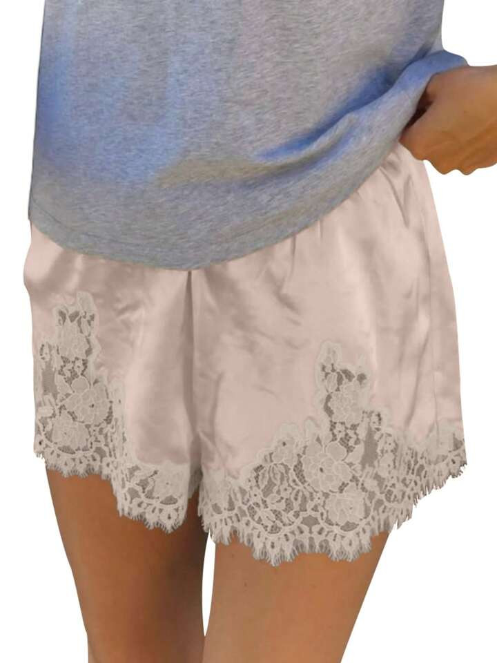 Women's Satin Lace Trim Mini Shorts Y2K Bloomers Shorts Elastic Waist Silk Slip Lounge Casual Going Out Bottoms | SHEIN