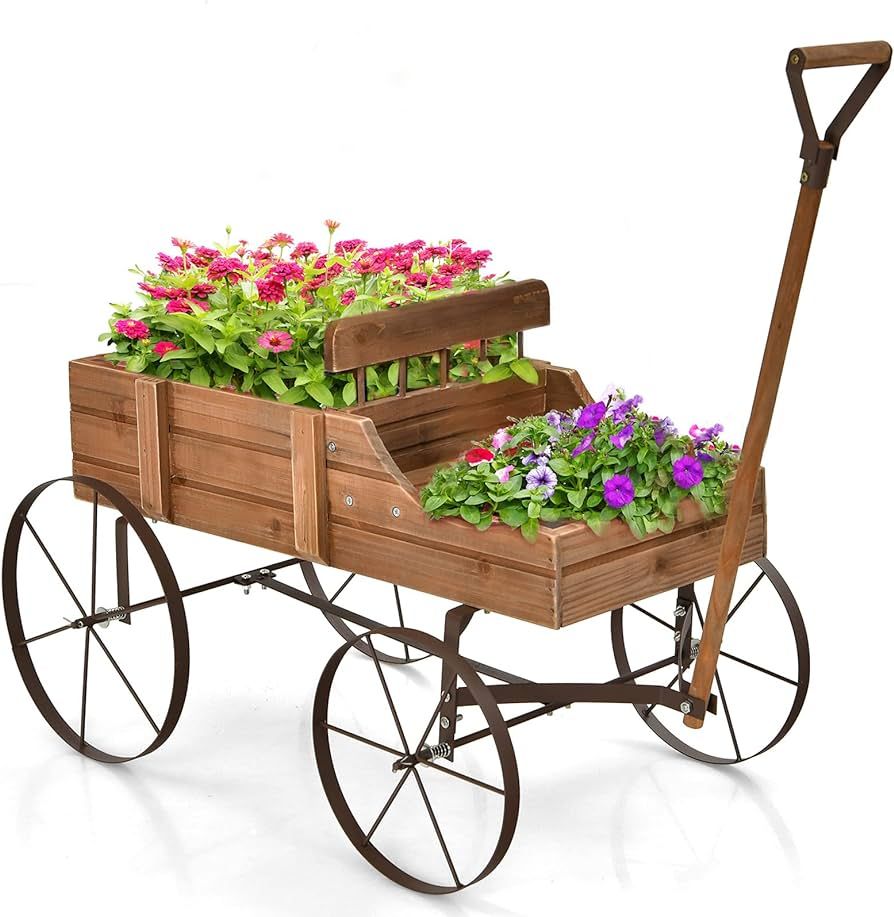 Giantex Decorative Garden Planter, Small Wagon Cart with Metal Wheels, Wood Raised Beds Plant Pot... | Amazon (US)