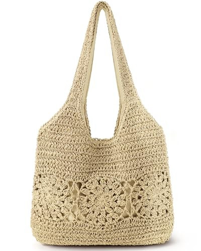 Loiyadn Beach Bag, Straw Beach Bags for Women, Floral Designed Beach Tote Lightweight Foldable Straw Bag-Beige | Amazon (US)