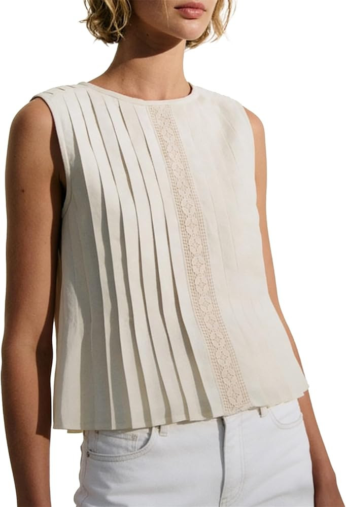 Womens Pleated Crop Tank Tops Summer Sleeveless Crew Neck Linen Blouse Loose Fit Trendy Y2K Guipu... | Amazon (US)