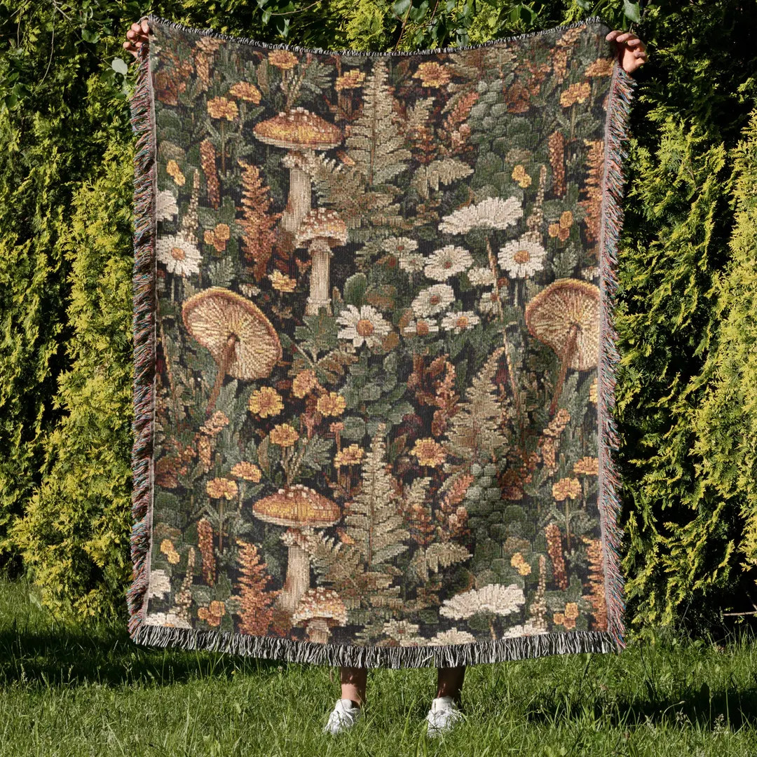 Mushroom Forest Jacquard Woven Blanket: Cottagecore Cotton Throw - Etsy | Etsy (Global)