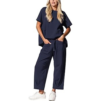 Womens 2 Piece Travel Lounge Set Short Sleeve Top Barrel Leg Pants | Amazon (US)
