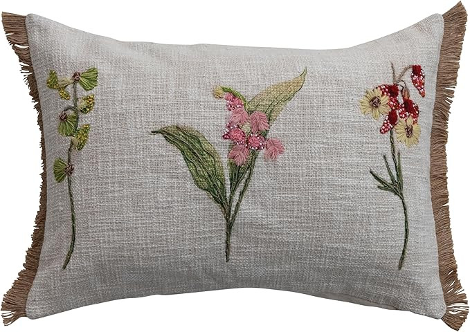Creative Co-Op Cotton Printed Rectangular Lumbar Pillow with Botanicals, Embroidery, Beads and Ju... | Amazon (US)