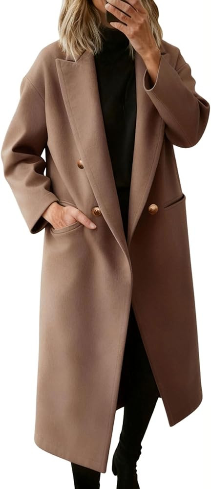 Hooever Women's Winter Double Breasted Wool Coat Drop Shoulder Long Sleeve Notch Lapel Long Trenc... | Amazon (US)