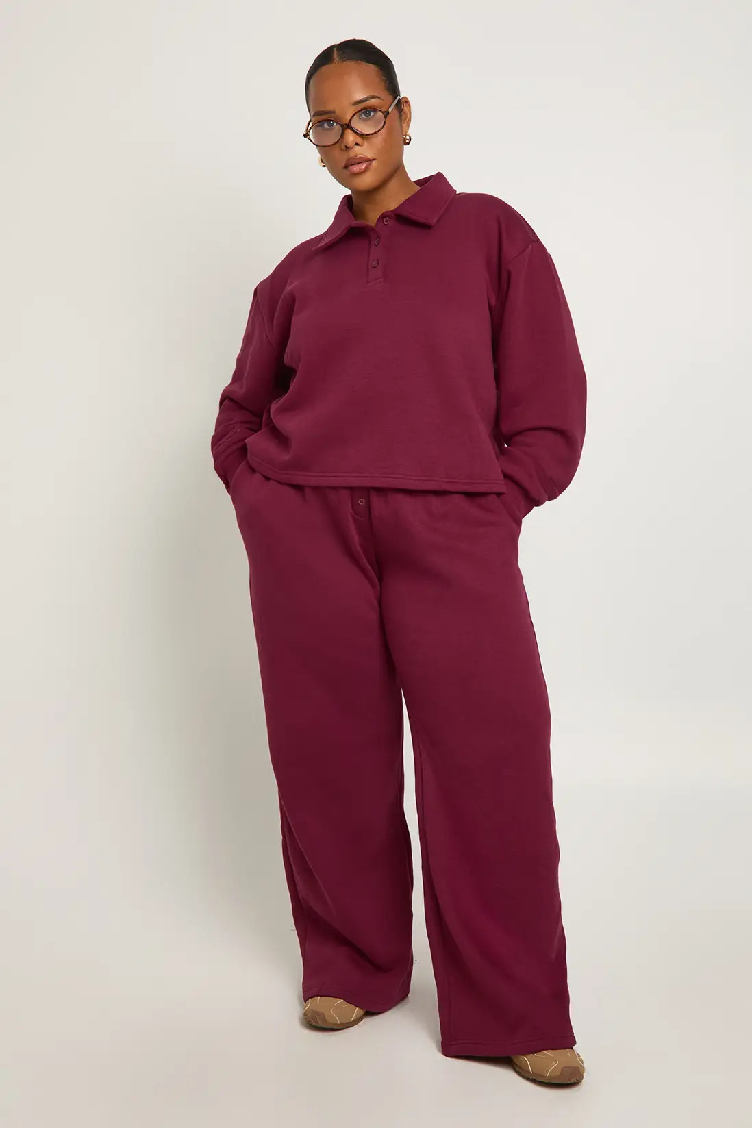 Burgundy boohoo Plus Collared Button Down Sweatshirt & Wide Leg Co Ord | PrettyLittleThing USA | PrettyLittleThing US