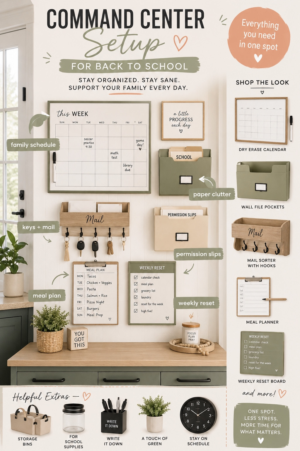 Get your home ready for the new school year with practical organization ideas for busy families. A family calendar helps manage activities, wall files contain school paperwork, a drop zone keeps keys and mail from getting lost and a meal planner simplifies weeknight dinners. Pin this for your back-to-school home reset. 

 #LTKdayinmylife #LTKmomlife #LTKKids