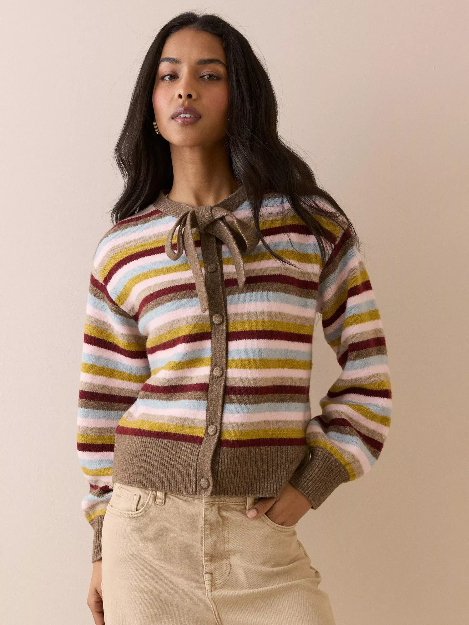 Nobody's Child Striped Knit Tie Neck Cardigan, Multi | John Lewis (UK)