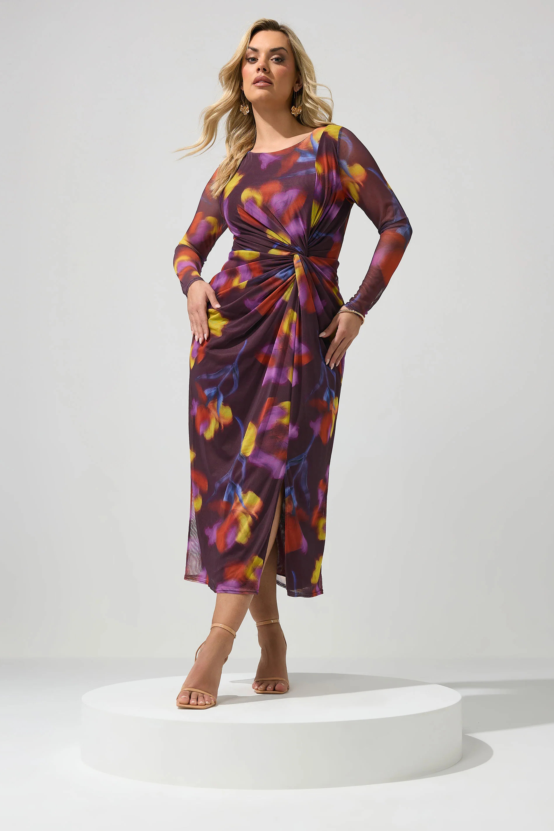 YOURS LONDON Plus Size Purple Abstract Floral Mesh Side Knot Midi Dress | Yours Clothing UK