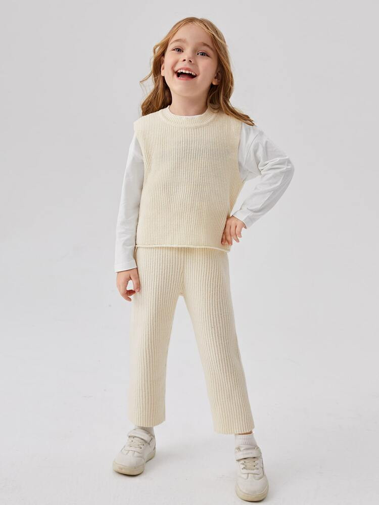 Toddler Girls Solid Ribbed Knit Sweater Vest & Knit Pants Without Tee | SHEIN