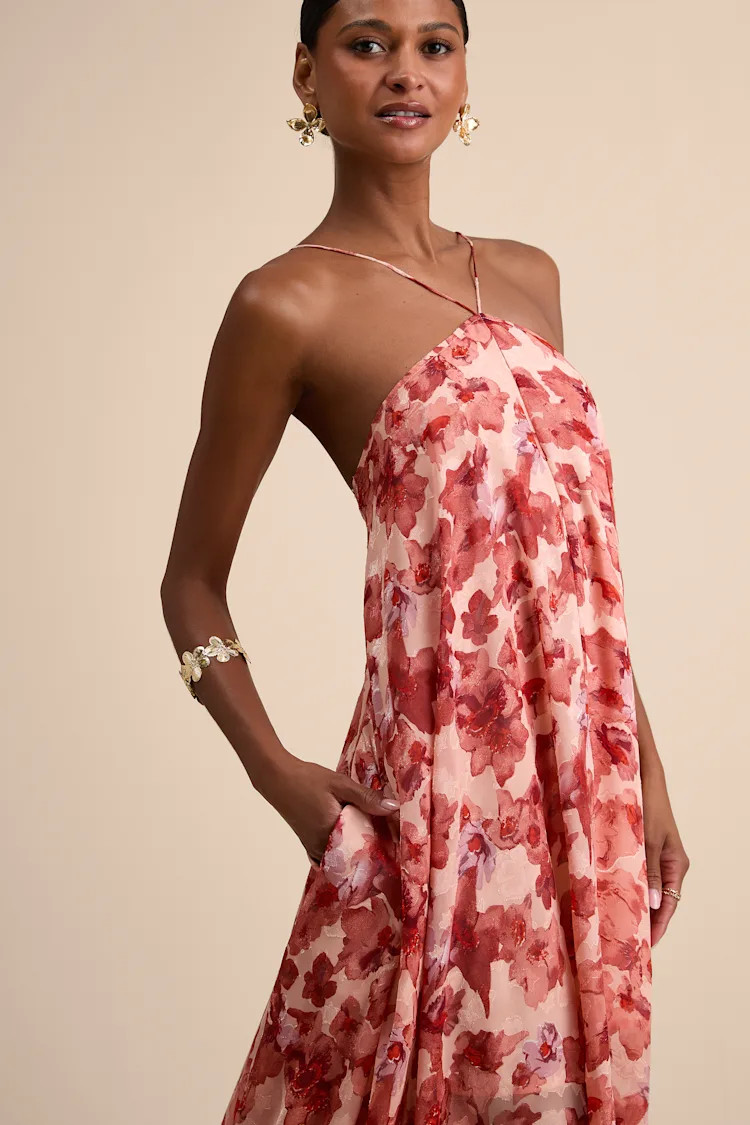 Dezzi Blush Multi Floral Halter Shift Maxi Dress | Lulus