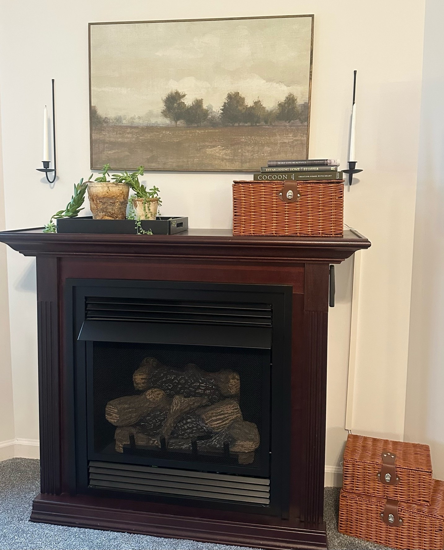 Renter friendly, electric fireplace upgrades and decor! Wire-hiding baskets!
Hobby lobby artwork SKU ￼ 2177731

#LTKHome #LTKSaleAlert #LTKOver40