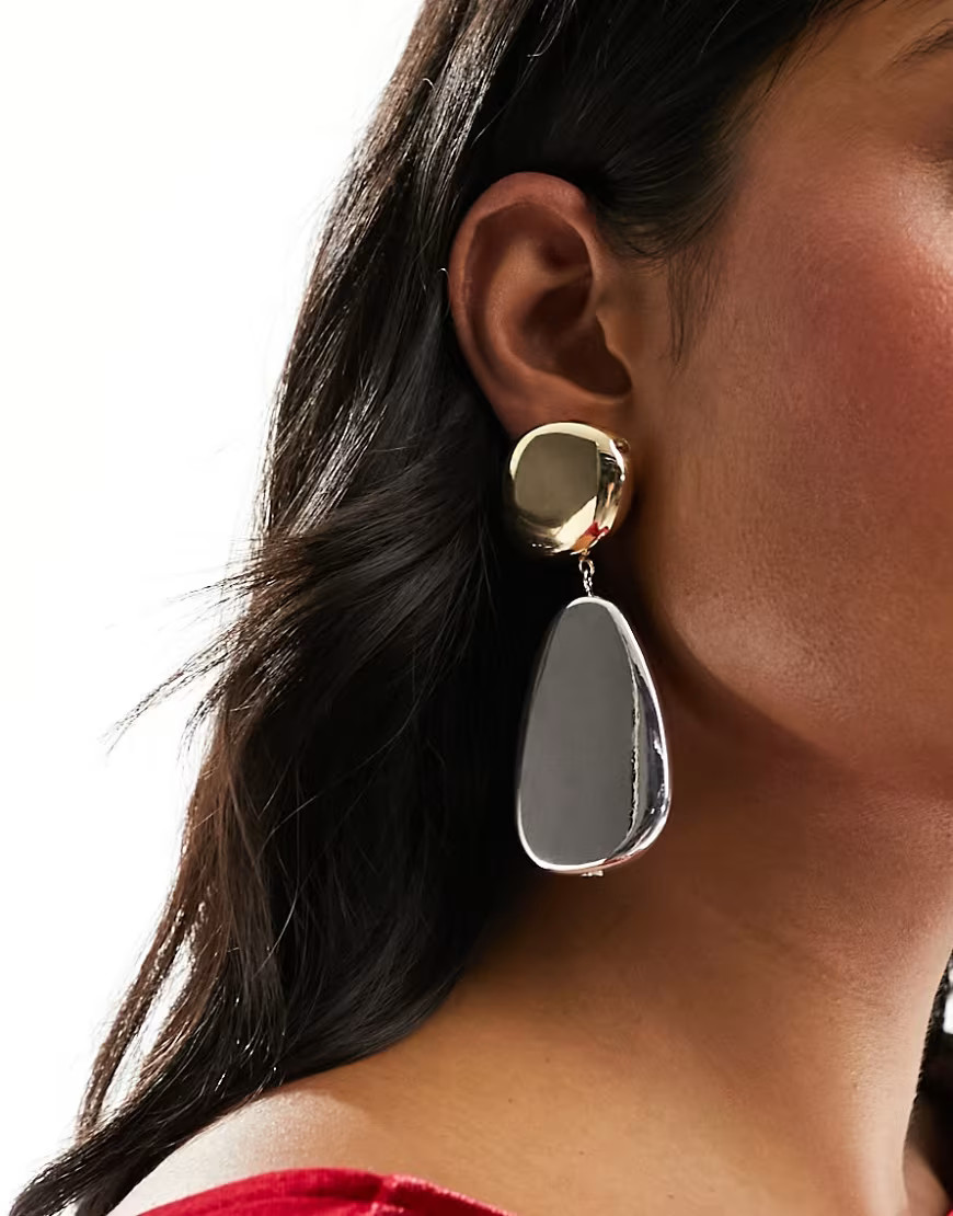 ASOS DESIGN drop earrings with molten mixed metal design in multi-Gold | ASOS (Global)