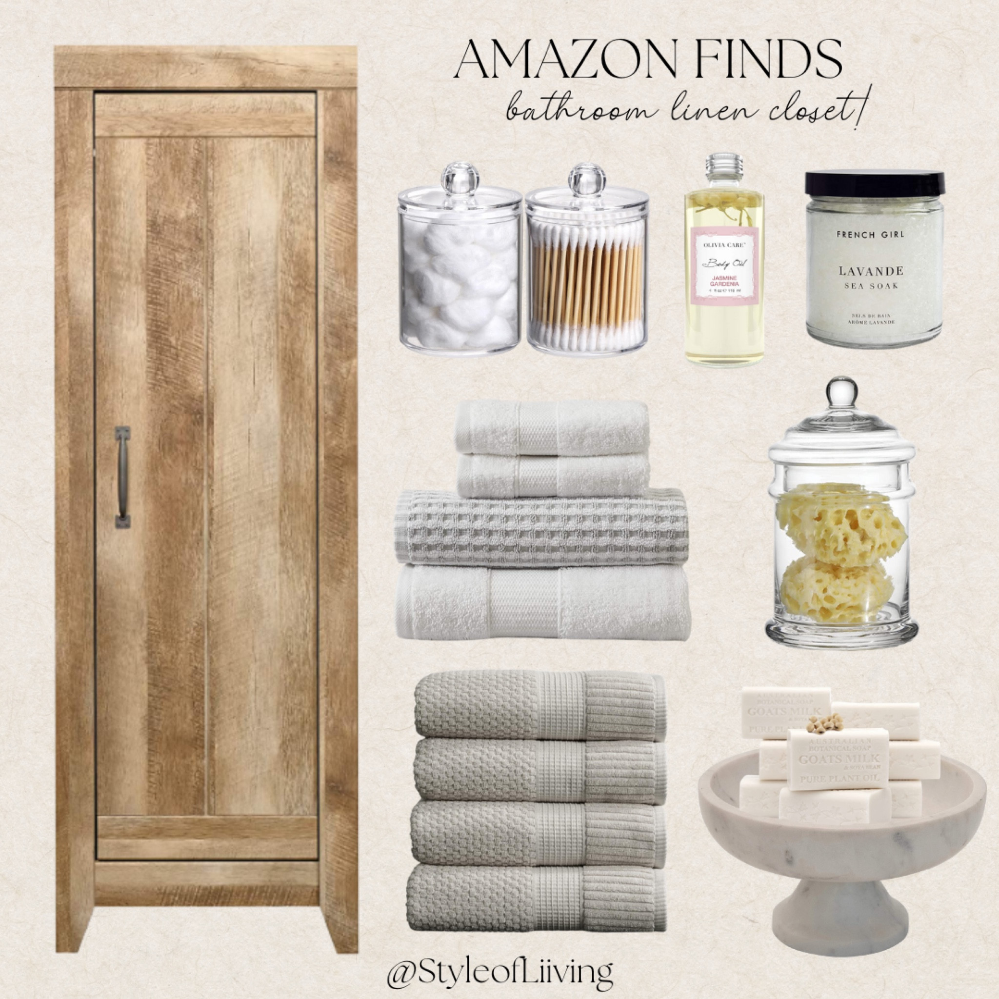 Linen closet bathroom inspiration! Amazon finds. Countertop or shelf organization with glass jars with lids. Marble bowl. Bath towels. Bath salts, oils, soap bars, sea sponges. Great items for guest bathrooms! Wooden linen closet cabinet under $230. Store essentials nicely in cabinet.

#bathroom #organization #storage

#LTKstyletip #LTKfamily #LTKhome