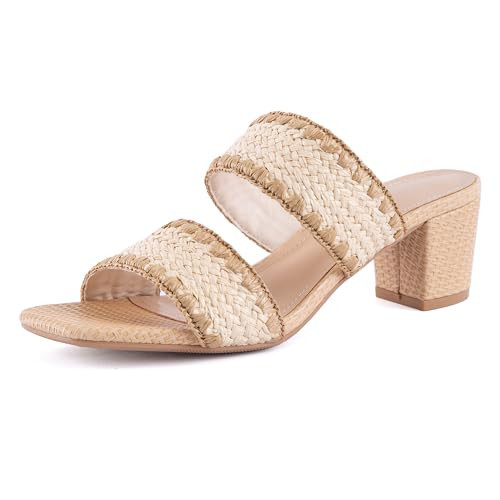 N.N.G Women Heels Sandals Straw Braided Beige size 6.5 Low Block Chunky Dressy Mules Two Strap Comfortable Summer Casual Square Open toe Leather Short Slide Beach | Amazon (US)