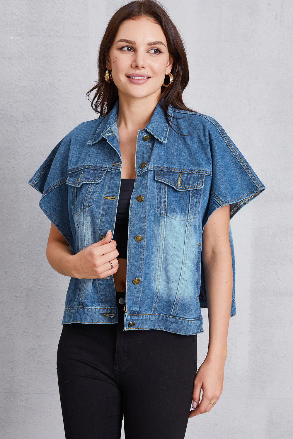 Pocketed Button Up Short Sleeve Denim Top Medium / M | Casual Chic Boutique