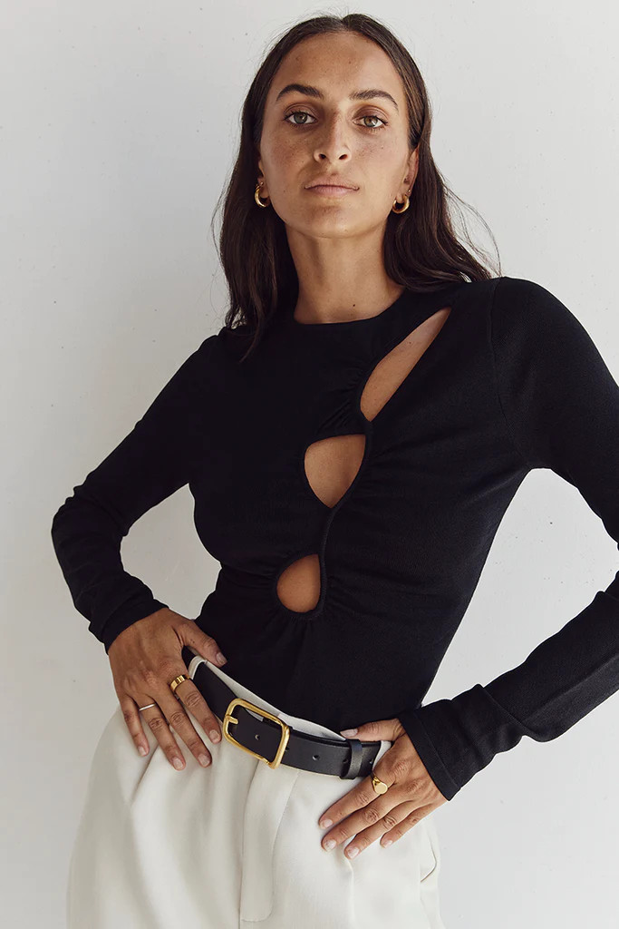MONIQUE BLACK LONG SLEEVE KNIT TOP | DISSH