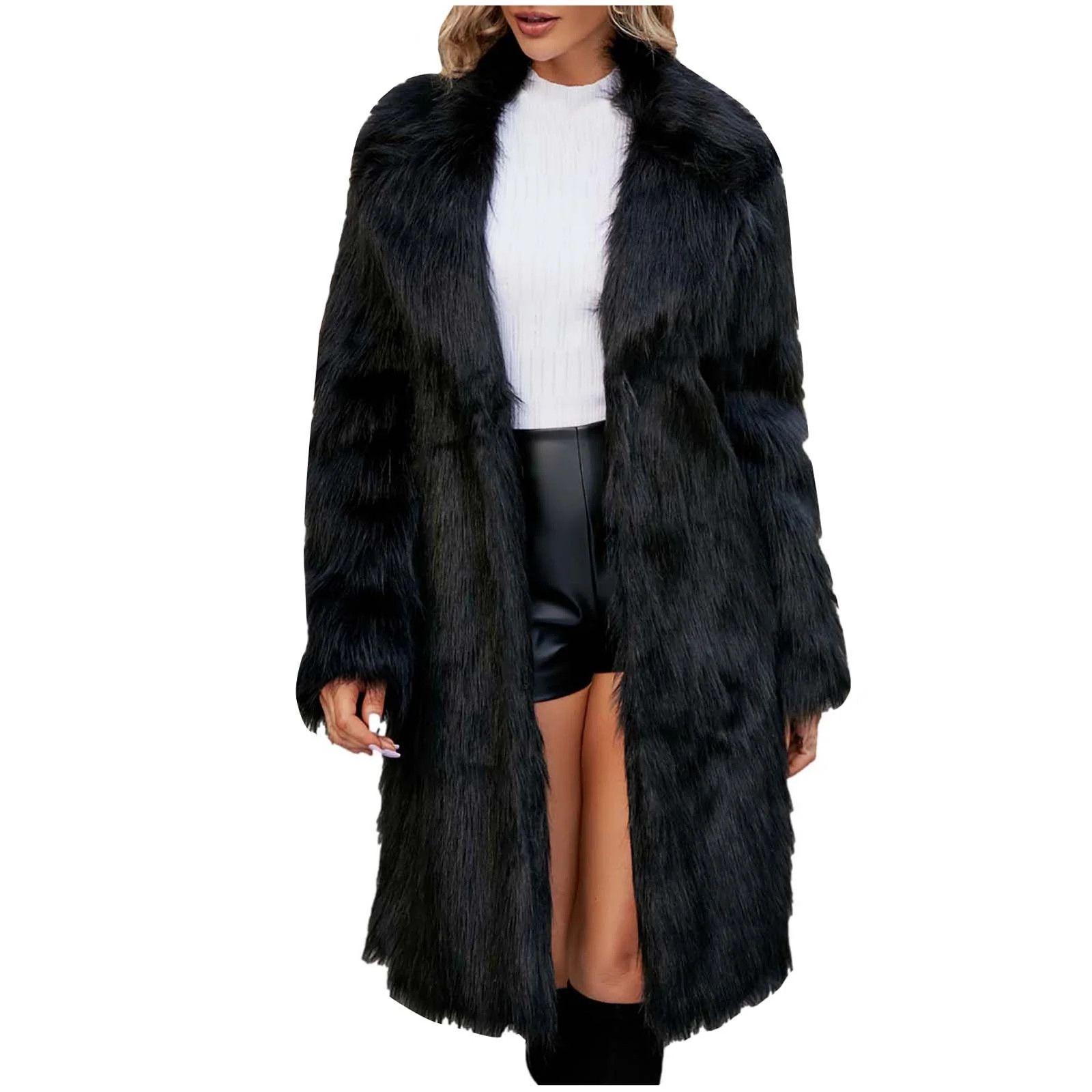 Penkiiy Women's Long Lapel Faux fur Jacket Shaggy Coat Warm Outerwear Cardigan Faux Fur Coat Blac... | Walmart (US)