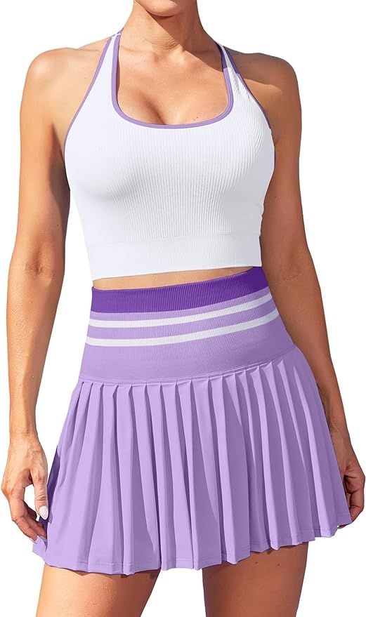 ATTRACO 2 Piece Tennis Dresses for Women High Waisted Pleated Skirt Sets Seamless Colorblock Golf... | Amazon (US)